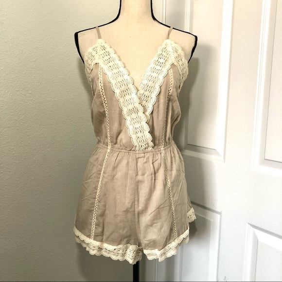 In the Beginning Pants - In The Beginning Romper Beige Crisscross Back Sz M